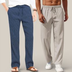 Combo of 2 Cotton Linen Loose Fit Men Pant Navy Blue and Off White-50796