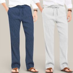 Combo of 2 Cotton Linen Loose Fit Men Pant Navy Blue and Off White-50797