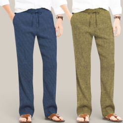 Combo of 2 Cotton Linen Loose Fit Men Pant Navy Blue and Olive Green-50798
