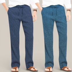 Combo of 2 Cotton Linen Loose Fit Men Pant Navy Blue and Teal Blue-50799