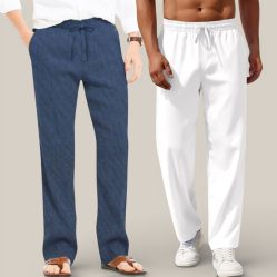 Combo of 2 Cotton Linen Loose Fit Men Pant Navy Blue and White-50800