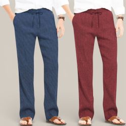 Combo of 2 Cotton Linen Loose Fit Men Pant Navy Blue and Wine-50801