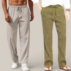Combo of 2 Cotton Linen Loose Fit Men Pant Off White and Olive Green-50803