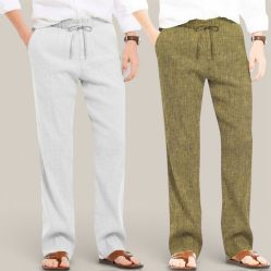 Combo of 2 Cotton Linen Loose Fit Men Pant Off White and Olive Green-50807