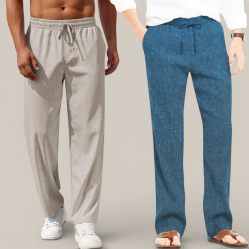 Combo of 2 Cotton Linen Loose Fit Men Pant Off White and Teal Blue-50804