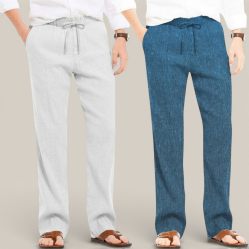 Combo of 2 Cotton Linen Loose Fit Men Pant Off White and Teal Blue-50808