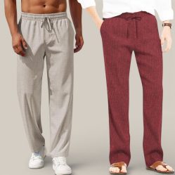 Combo of 2 Cotton Linen Loose Fit Men Pant Off White and Wine-50806
