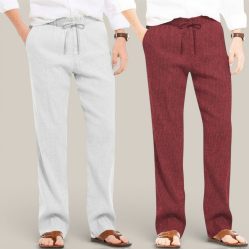 Combo of 2 Cotton Linen Loose Fit Men Pant Off White and Wine-50810