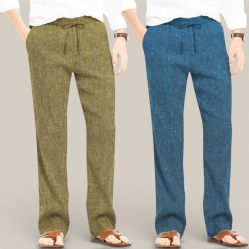 Combo of 2 Cotton Linen Loose Fit Men Pant Olive Green and Teal Blue-50811