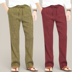 Combo of 2 Cotton Linen Loose Fit Men Pant Olive Green and Wine-50813