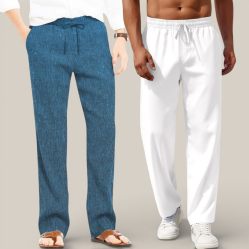 Combo of 2 Cotton Linen Loose Fit Men Pant Teal Blue and White-50814