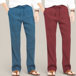 Combo of 2 Cotton Linen Loose Fit Men Pant Teal Blue and Wine-50815