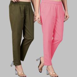 Combo of 2 Cotton Mehndi Green and Baby Pink Women Regular Fit Solid Trousers-47578