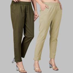 Combo of 2 Cotton Mehndi Green and Beige Women Regular Fit Solid Trousers-47584