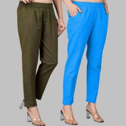 Combo of 2 Cotton Mehndi Green and Blue Women Regular Fit Solid Trousers-47580