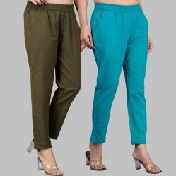 Combo of 2 Cotton Mehndi Green and Cyan Women Regular Fit Solid Trousers-47583