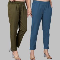 Combo of 2 Cotton Mehndi Green and Denim Women Regular Fit Solid Trousers-47587