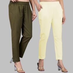 Combo of 2 Cotton Mehndi Green and Lemon Yellow Women Regular Fit Solid Trousers-47579