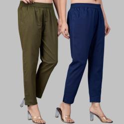 Combo of 2 Cotton Mehndi Green and Navy Blue Women Regular Fit Solid Trousers-47585