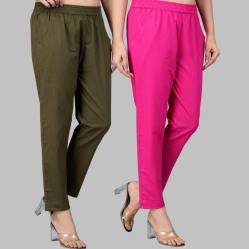 Combo of 2 Cotton Mehndi Green and Pink Women Regular Fit Solid Trousers-47576