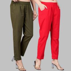 Combo of 2 Cotton Mehndi Green and Red Women Regular Fit Solid Trousers-47586