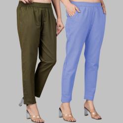 Combo of 2 Cotton Mehndi Green and Sky Blue Women Regular Fit Solid Trousers-47582