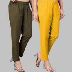 Combo of 2 Cotton Mehndi Green and Yellow Women Regular Fit Solid Trousers-47577