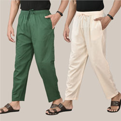 Combo of 2 Cotton Men Handloom Pant Beige and Bottle Green-36583