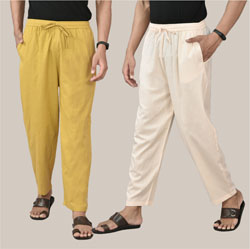 Combo of 2 Cotton Men Handloom Pant Beige and Lemon Yellow-36587