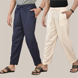 Combo of 2 Cotton Men Handloom Pant Beige and Navy Blue-36591