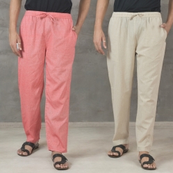 Combo of 2 Cotton Men Handloom Pant Beige and Pink-49338