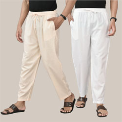 Combo of 2 Cotton Men Handloom Pant Beige and White-36596