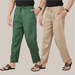 Combo of 2 Cotton Men Handloom Pant Bottle Green and Light Beige-36630