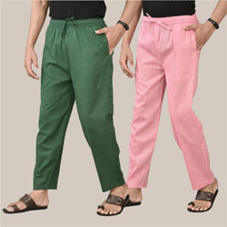 Combo of 2 Cotton Men Handloom Pant Bottle Green and Pink-36634