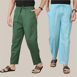 Combo of 2 Cotton Men Handloom Pant Bottle Green and Sky Blue-36636