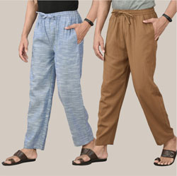 Combo of 2 Cotton Men Handloom Pant Brown and Denim-36639