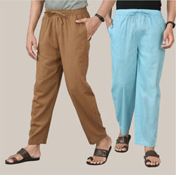 Combo of 2 Cotton Men Handloom Pant Brown and Sky Blue-36648