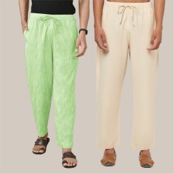 Combo of 2 Cotton Men Handloom Pant Cream and Parrot Green-40022