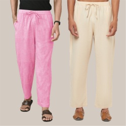 Combo of 2 Cotton Men Handloom Pant Cream and Pink-40009