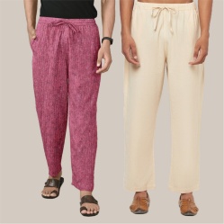 Combo of 2 Cotton Men Handloom Pant Cream and Purple-40045