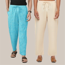 Combo of 2 Cotton Men Handloom Pant Cyan and Cream-40066