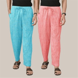 Combo of 2 Cotton Men Handloom Pant Cyan and Peach-39997