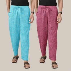 Combo of 2 Cotton Men Handloom Pant Cyan and Purple-40047