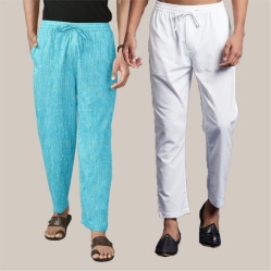 Combo of 2 Cotton Men Handloom Pant Cyan and White-39966