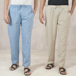 Combo of 2 Cotton Men Handloom Pant Denim and Beige-49301
