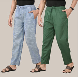Combo of 2 Cotton Men Handloom Pant Denim and Bottle Green-36627