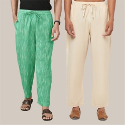 Combo of 2 Cotton Men Handloom Pant Green and Cream-40068
