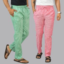 Combo of 2 Cotton Men Handloom Pant Green and Pink-44452
