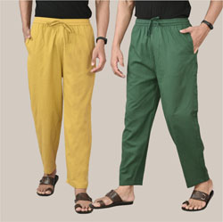 Combo of 2 Cotton Men Handloom Pant Lemon Yellow and Bottle Green-36629