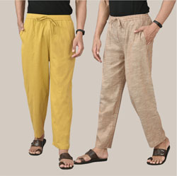 Combo of 2 Cotton Men Handloom Pant Lemon Yellow and Light Beige-36672